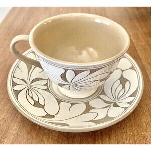 Handmade Japanese Arabesque Floral Sgraffito Ceramic Teacup w Saucer